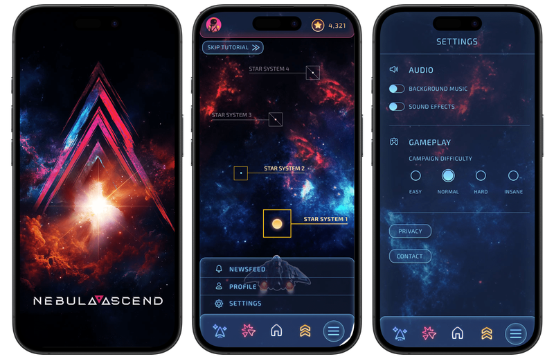 Nebula Ascend — launch, star systems, and settings screens