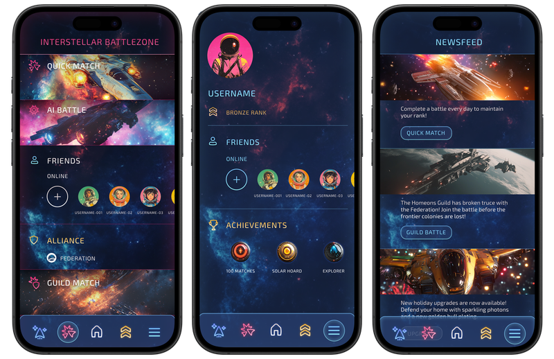 Nebula Ascend — home, player profile, and story screens